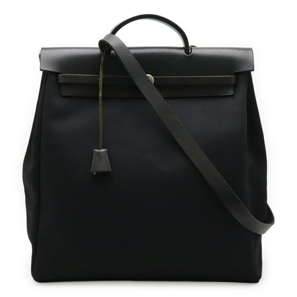 HERMES Hermès Air Bag MM Handbag/Shoulder Bag, Toile Officier Leather, Black,... - Picture 1 of 10